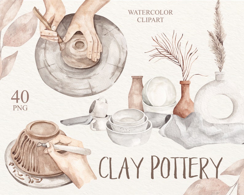 May include: Watercolor clipart set of 40 PNG images featuring clay pottery, including a potter's wheel, bowls, vases, and a hand-crafted clay pot. The set includes a variety of colors and textures, perfect for crafting projects or adding a rustic touch to your designs.