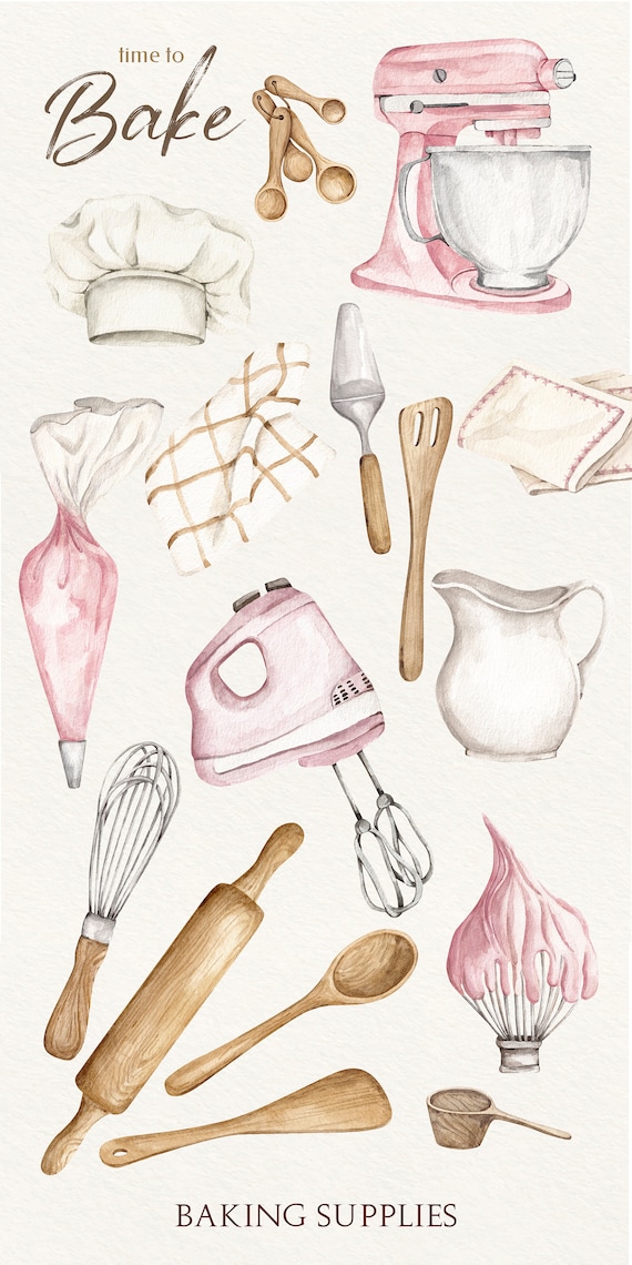 Bakery Watercolor Clipart, Kitchen Baking Tools and Supplies