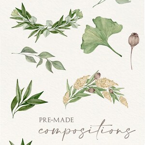 K&ouml;nnte beinhalten: Ein Set mit Aquarell-Illustrationen, die verschiedene florale Elemente und vorgefertigte Kompositionen zeigen. Die Elemente umfassen Bl&auml;tter, Zweige, Bl&uuml;ten und Ginkgobl&auml;tter. Die Kompositionen bestehen aus diesen Elementen, die auf verschiedene Weise angeordnet sind. Die Illustrationen sind in Gr&uuml;nt&ouml;nen und Braun gehalten.