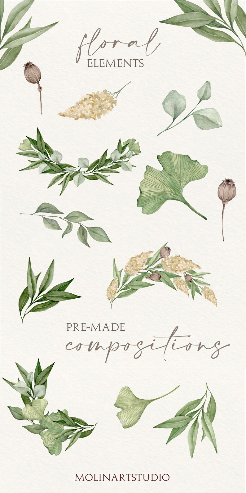 K&ouml;nnte beinhalten: Ein Set mit Aquarell-Illustrationen, die verschiedene florale Elemente und vorgefertigte Kompositionen zeigen. Die Elemente umfassen Bl&auml;tter, Zweige, Bl&uuml;ten und Ginkgobl&auml;tter. Die Kompositionen bestehen aus diesen Elementen, die auf verschiedene Weise angeordnet sind. Die Illustrationen sind in Gr&uuml;nt&ouml;nen und Braun gehalten.