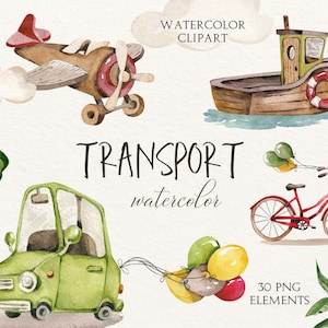 Aquarel Transport Clipart, Kid vliegtuig, Aquarel Auto, Ballonnen, Bromfiets, Boot, Fiets, Baby Boy, Uitnodiging, Cartoon vliegtuig helikopter, PNG