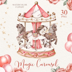 Clipart aquarelle carrousel, cheval de carrousel, art pour chambre d'enfant carrousel, baby shower, clipart carnaval, poney carrousel, clipart anniversaire, chevaux