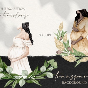 K&ouml;nnte beinhalten: Zwei Aquarell-Illustrationen von schwangeren Frauen in langen Kleidern. Eine Frau tr&auml;gt ein wei&szlig;es Kleid und die andere ein gelbes Kleid. Beide Frauen stehen mit den H&auml;nden auf dem Bauch. Die Illustrationen sind vor einem wei&szlig;en Hintergrund mit gr&uuml;nem Laub angeordnet.
