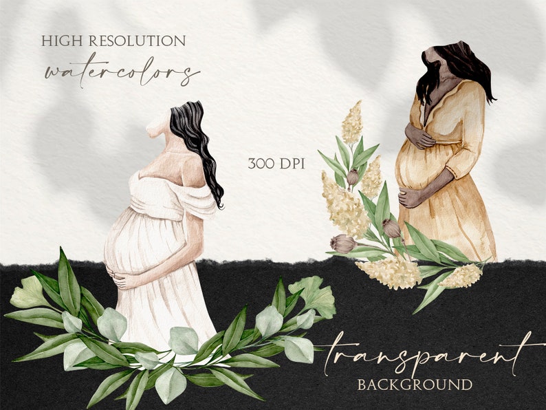K&ouml;nnte beinhalten: Zwei Aquarell-Illustrationen von schwangeren Frauen in langen Kleidern. Eine Frau tr&auml;gt ein wei&szlig;es Kleid und die andere ein gelbes Kleid. Beide Frauen stehen mit den H&auml;nden auf dem Bauch. Die Illustrationen sind vor einem wei&szlig;en Hintergrund mit gr&uuml;nem Laub angeordnet.