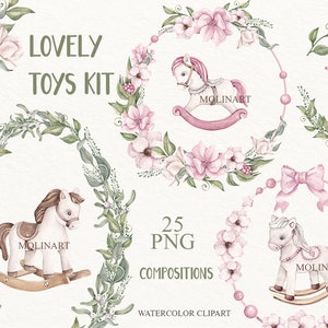 Clipart de cavalo de balanço em aquarela, clipart de brinquedos de bebê, arte de berçário, chá de bebê, clipart de aniversário, clipart de menina, berçário boho