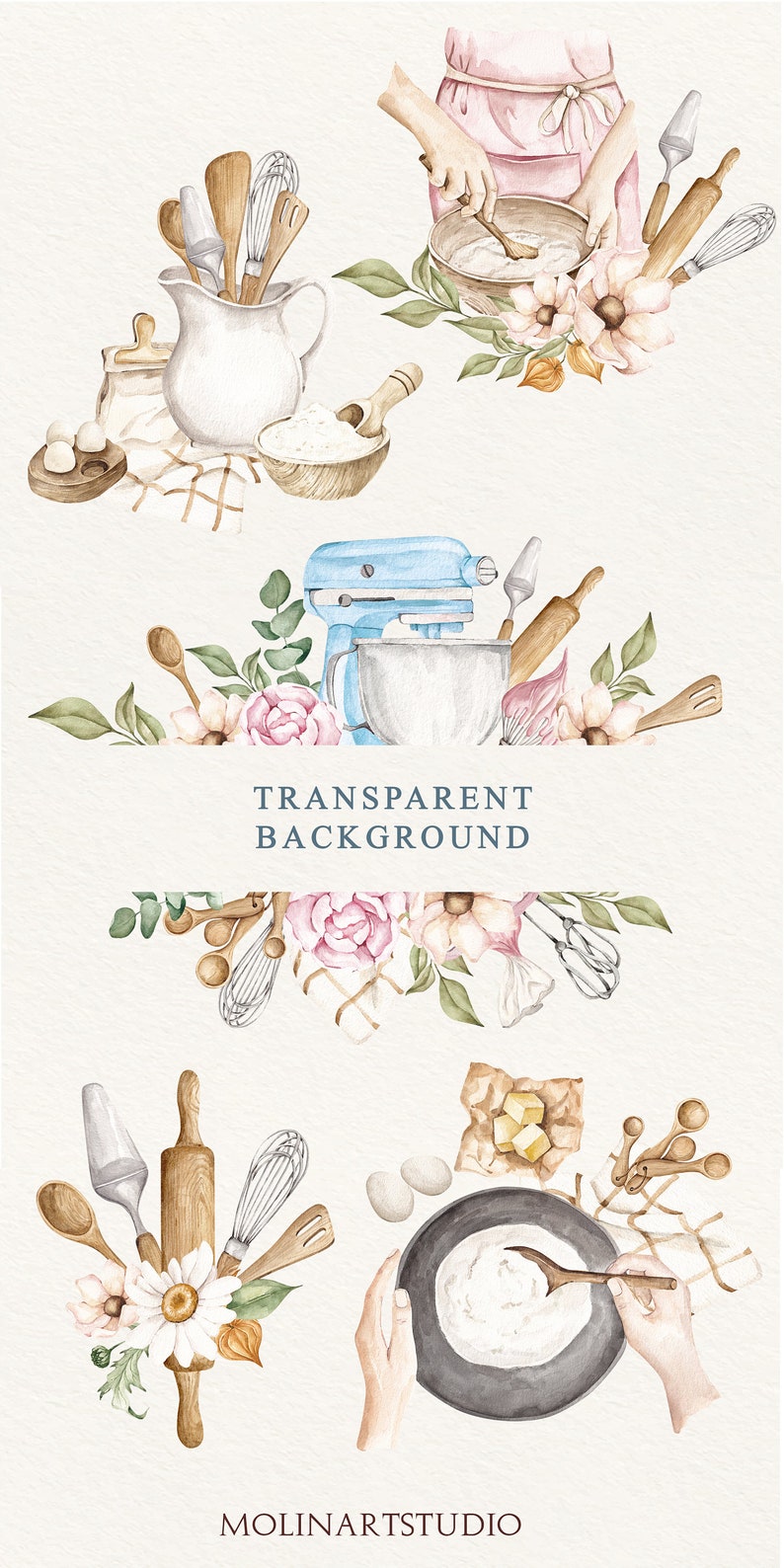 Watercolor Baking Clipart: Kitchen Utensils, Bakery Logo (PNG) - Etsy