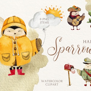 Clipart de gorrión en acuarela, clipart de pájaros lindos, clipart para niños, baby shower, decoración de guardería, arte infantil, clipart de pajaritos