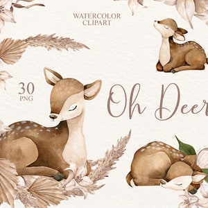Aquarelle Cerf Clipart, Clipart Animal, Boho Floral, Art De La Pépinière, Cerfs Mignons, Réception De Naissance, Animaux Des Bois, Petits Animaux, Bébé Cerf