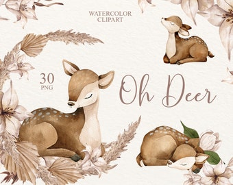 Watercolor Deer Clipart, Animal Clipart, Boho Floral, Nursery Art, Cute Deers, Baby Shower, Woodland Animals, Little Animals, Baby Deer
