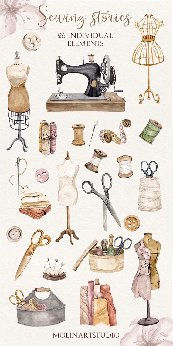 Watercolor Vintage Sewing Kit Clip Art. Branding Kit, Sewing Machine,  Needle, Stitching, Scissors, Dummy Model DIY Clipart. 