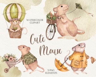 Cute Mouse Watercolor Clipart, Little Animals, Nursery Art, Kids Clipart, Nursery Decor, Baby Shower, Funny Mouse, Greeting Card