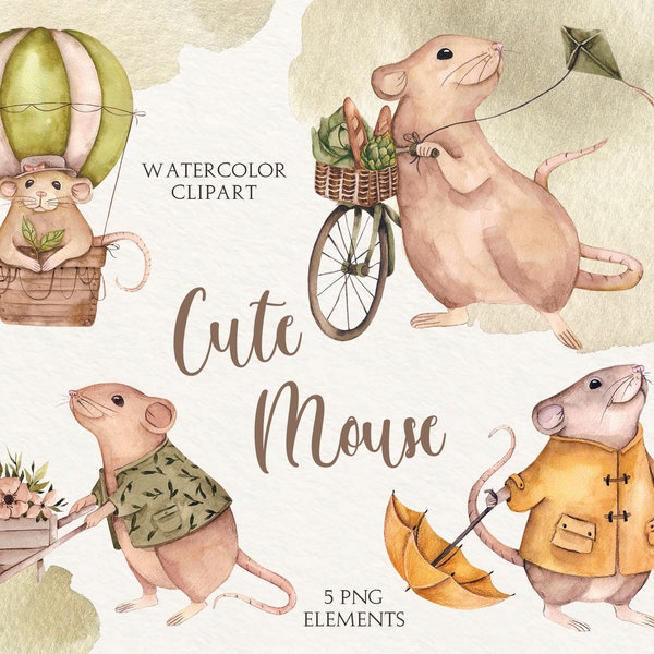 Cute Mouse Watercolor Clipart, Little Animals, Nursery Art, Kids Clipart, Nursery Decor, Baby Shower, Funny Mouse, Greeting Card