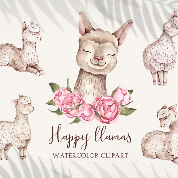 Llama watercolor clipart, kids clipart, little animals, llama art print, watercolor peonies, animal nursery PNG, babyshower, Invite,birthday