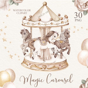 Carosello Acquerello Clipart, Carosello Cavallo, Carosello Nursery Art, Baby Shower, Carnevale Clipart, Carosello Pony, Compleanno Clipart, Cavalli