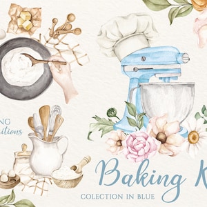 Clipart de cozimento em aquarela, materiais de cozimento, logotipo de padaria doméstica, logotipo de culinária, clipart culinário, utensílios de cozinha, clipart de padaria