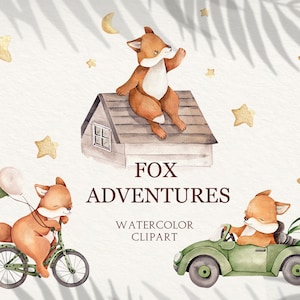 Aquarelle renards Clipart, animaux mignons, clipart renard des bois, animaux de la chambre de bébé, animal de la forêt, clipart enfants, invitation, salutation, babyshower