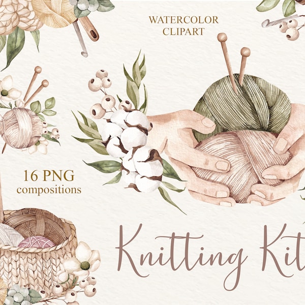 Watercolor Knitting Clipart, Knitting Supplies, Crochet clipart, Knitting Logo, Crochet Logo, Knitting Tools Watercolor, Yarn Clipart