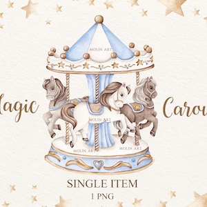 Clipart acquerello carosello, cavallo da giostra, arte per bambini carosello, baby shower, clipart carnevale, clipart compleanno, colori blu