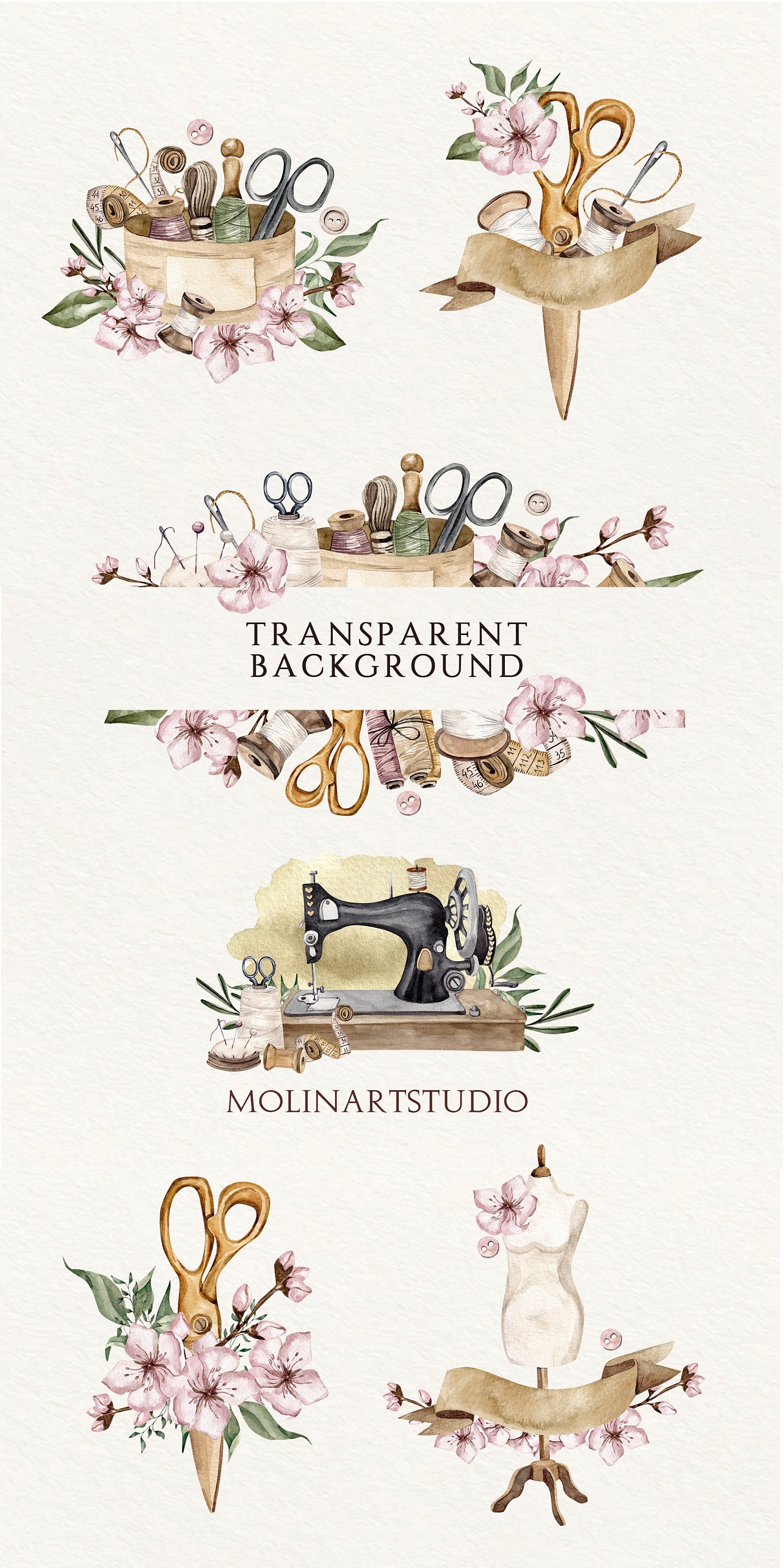 Watercolor Sewing Clipart Floral Sewing Clipart Vintage - Etsy