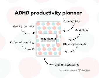 Puede incluir: Un planificador de lunares rosa y azul con el texto "ADHD PLANNER" en la portada. El planificador está rodeado de flechas que apuntan a diferentes secciones, incluyendo "Vista semanal", "Seguimiento de tareas diarias", "Listas de la compra", "Planes de comidas", "Horario de limpieza" y "Estrategias de limpieza". El texto "211 páginas, descarga instantánea de PDF" está debajo del planificador.