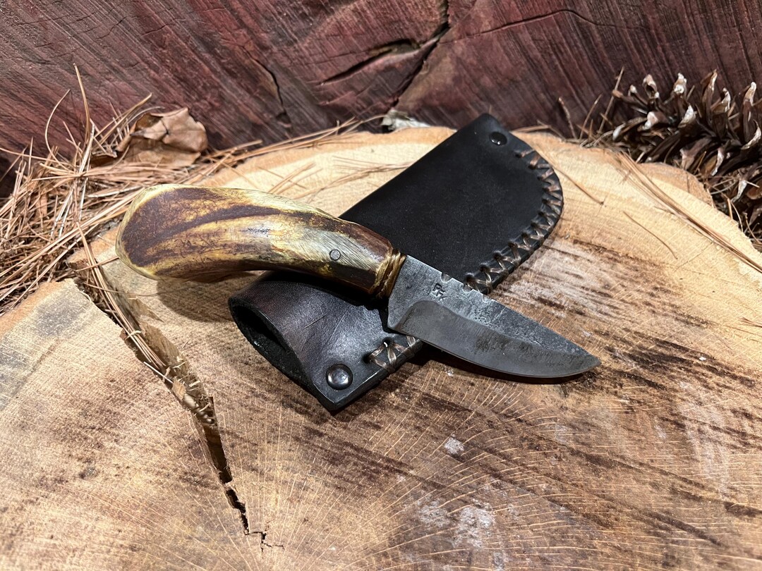 Premium Antler Handle Skinning Knife with Leather Sheath