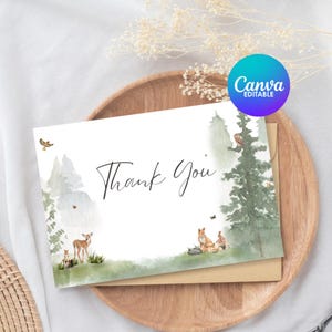Woodland Animals Thank You Card: Forest Baby Shower, Birthday (Canva Editable Template)