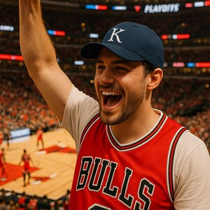 May include: A person wearing a red Chicago Bulls jersey with the number 8 and the word "BULLS" in white. The person is also wearing a navy blue baseball cap with a white "K" on it. The background shows a basketball court and the word "PLAYOFFS".