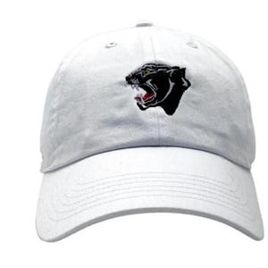 May include: White baseball cap with a black panther head embroidered on the front. The panther has a red mouth and is snarling. The cap is made of a soft fabric and has a curved brim.