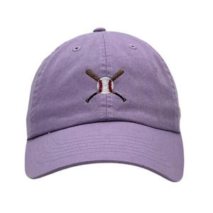 May include: A lavender baseball cap with an embroidered baseball and crossed bats design.