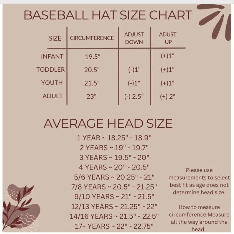 May include: Baseball hat size chart with a table showing sizes for infant, toddler, youth, and adult. The table includes circumference measurements in inches and adjustable size ranges. A separate section provides average head size measurements in inches for different age groups.