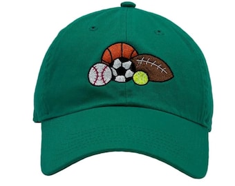 Embroidered  ''SPORTS BALLS '' Dark Green Cotton Cap, Game Day Baseball Hat ,Adult & Child