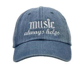 Embroidered "MUSIC ALWAYS HELPS" Baseball Cap, Custom Cotton Hat