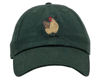 Embroidered "CHICKEN " Dark Green  Baseball Cap, Adjustable Strap ,Adult&Children .Wide Selection of Colors, 100% Cotton.