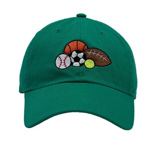 May include: A green baseball cap with an embroidered design of various sports balls, including a baseball, basketball, soccer ball, tennis ball, and football.