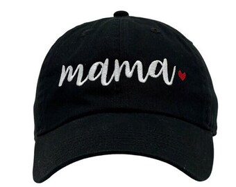 May include: Black baseball cap with white embroidered text "mama" and a small red heart.