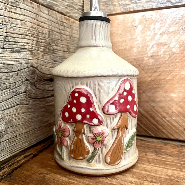 Woodland Mushroom Olive Oil Dispenser Bottle Cruet Handmade Pottery