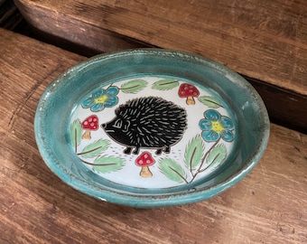 Hedgehog Trinket/Ring Small Footed Dish Stoneware Ceramic Pottery