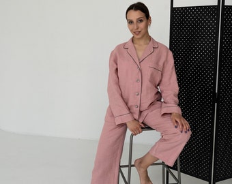 Weicher Leinen Pyjama Set / Pyjama Set Damen / Schlafanzug Set / Leinen Anzug Set