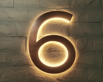 Koperen led-huisnummer, aangepaste metalen nummers, adresnummerplaat, bord met achtergrondverlichting voor buiten