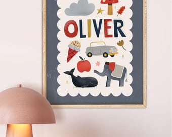 Geschulpte naamafdruk | Vintage kindermuurkunst | Gepersonaliseerde kinderkamerdecoratie | Aangepaste babynaam | Retro kinderkamerprint | Digitale download