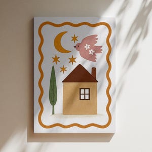 Arte de pared imprimible de Folk Art House / Decoración infantil / Ilustración de luna y estrellas / Descarga digital en tonos tierra / Póster para habitación infantil