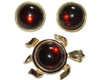 Vintage Craft Jewelry Set: Turtle Pin Brooch and Red Cabochon Earrings Mid Century Jewelry Gene Verrecchia No U.S. Tariff