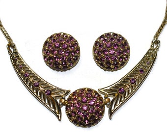 Vintage Coro Purple Rhinestone Necklace and Clip Earring Set Mid Century Jewelry No U.S. Tariff