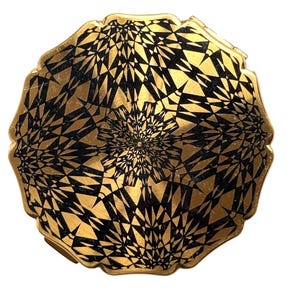 Stratton Vintage Powder Compact, Black and Gold Geometric Design, Scalloped Edge No U.S. Tariff