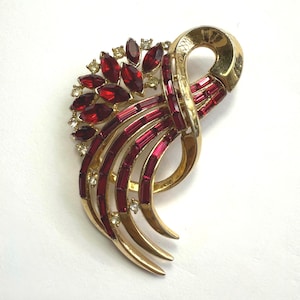 Trifari Comet Brooch 1953 Alfred Philippe Red Rhinestone Ribbon Spray Signed Vintage Designer Statement Pin Book Piece