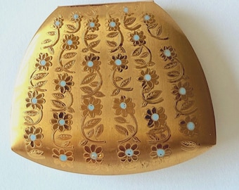 Elgin American Vintage Compact Floral Gold Tone Blue Enamel 1950s Powder Compact Made USA Unused Vanity Case