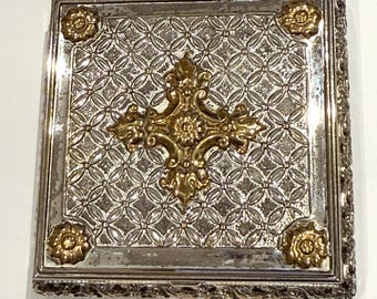 Vintage Volupte Compact Silver Gold Tone Floral Design Powder Compact 1950s Small Vanity Mirror No U.S. Tariff