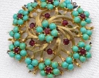 Vintage Crown Trifari Turquoise Brooch Earring Set Gold Tone Rhinestone Floral Statement Jewelry Signed Designer Gift No U.S. Tariff