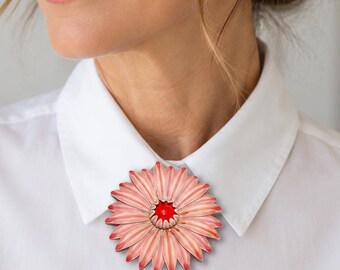 Vintage Pink Flower Brooch 1960s Style, Large Statement Floral Pin, Red Cabochon Center, Retro Mod Jewelry Gift for Her No U.S. Tariff