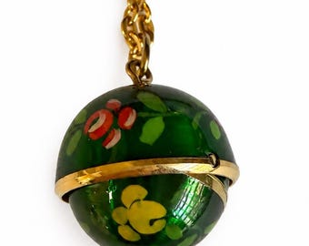 Vintage Bucherer Peekaboo Watch Ball Pendant Necklace, Green Floral Enamel,  Mechanical Hidden Watch